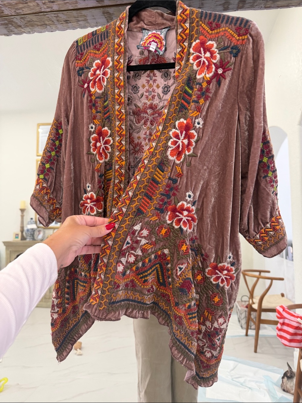 Johnny Was Mauve Velvet and Silk Walesca Draped Embroidered Cardigan
